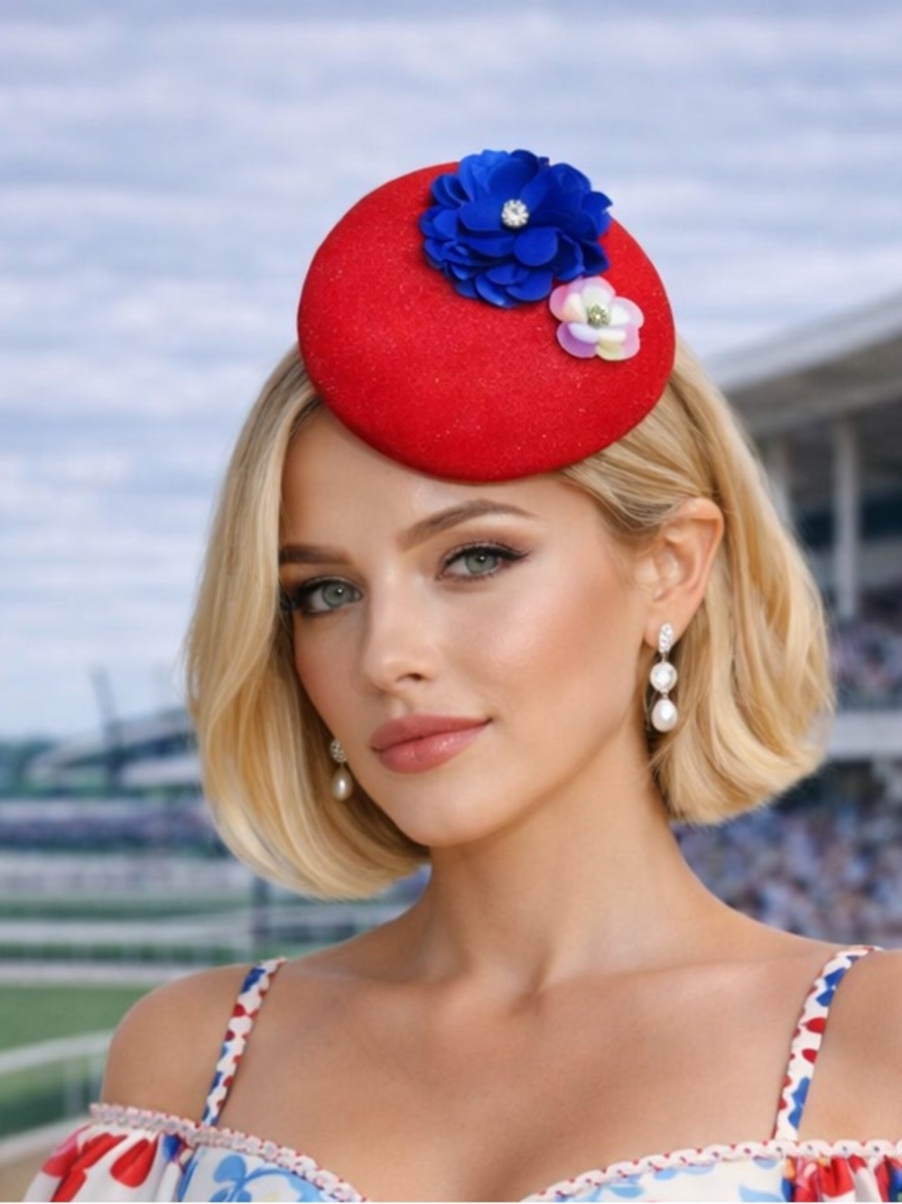 Kentucky Derby Hat Red Fascinator Royal Blue Sequin Floral Sinamay Button Base